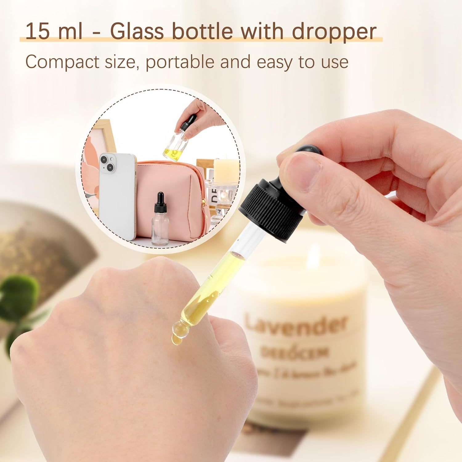 Kesell 15ml Clear Glass Dropper Bottles for Essential Oils, 20-Pack | 1/2 oz Empty Refillable Sample Vials, Travel Size Storage Containers, for Perfume, DIY Lotion