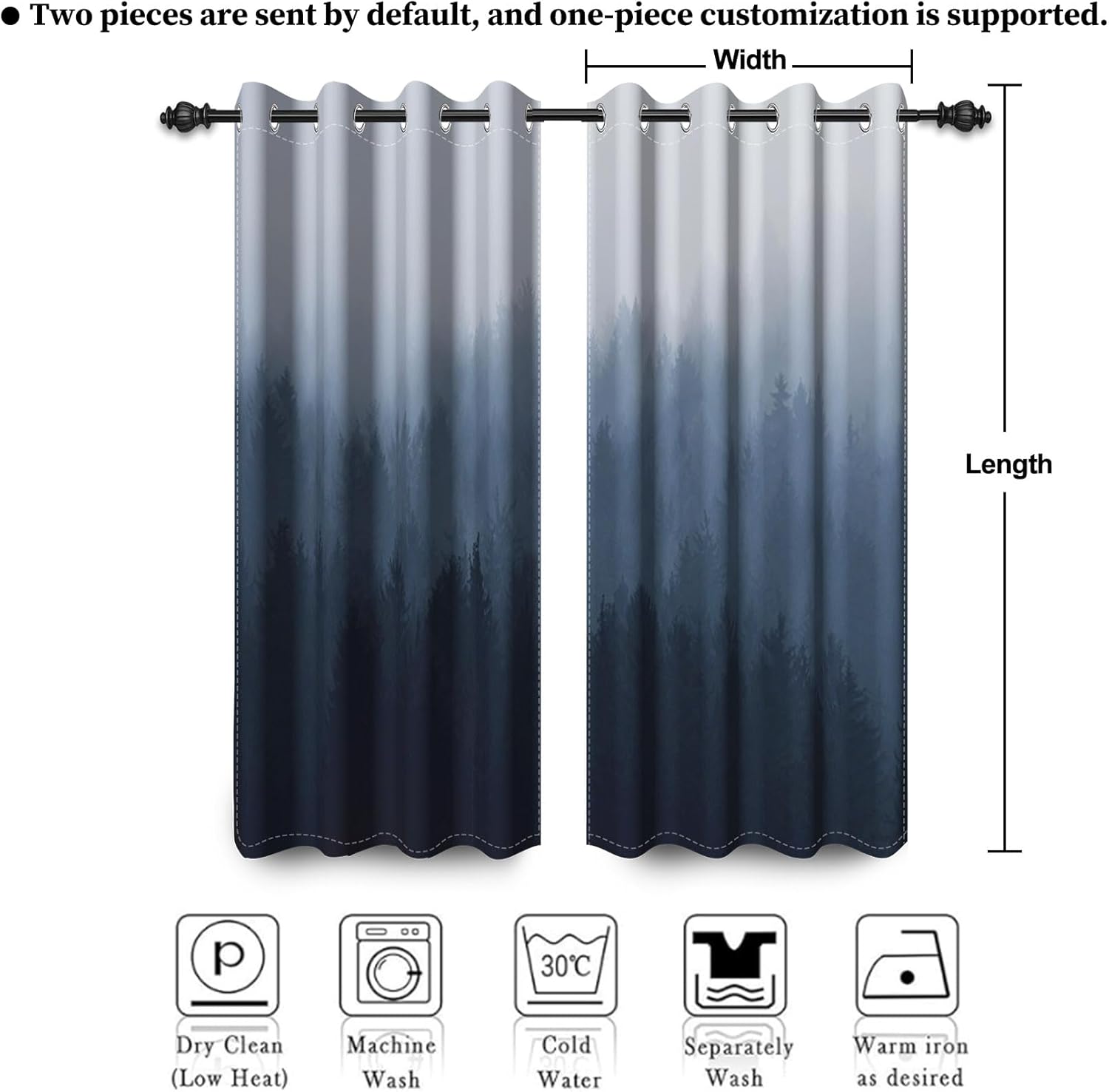 Renaiss Misty Forest Window Curtains,Navy Blue Ombre Design Bedroom Curtains & Drapes Abstract Mountain Landscape Room Darkening Grommet Curtains for Living Room 42W x 63L inches 2 Panel Set