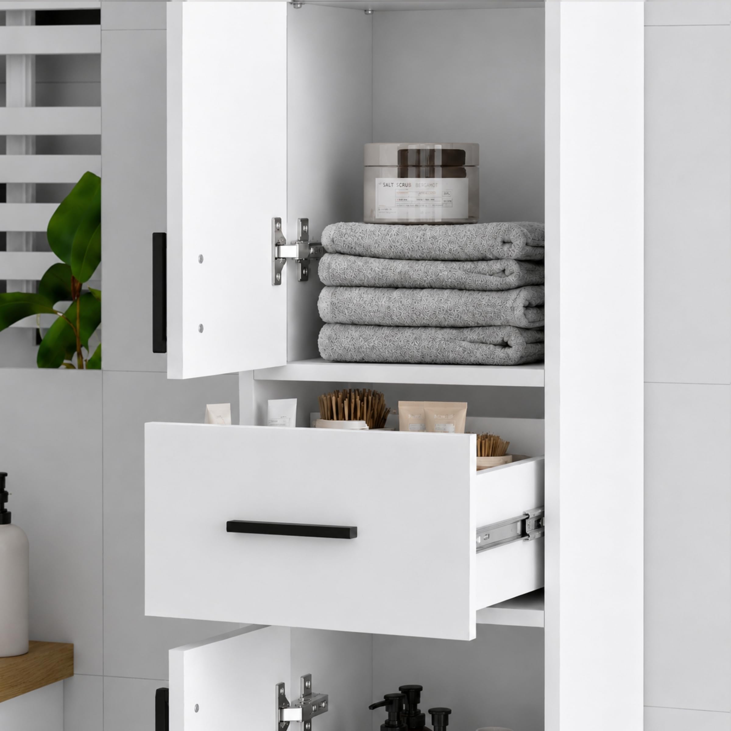 Columna de Baño con Cajón y 2 Puertas, Blanco | Mueble de Baño Estrecho, Armario de Almacenamiento para Cocina y Salón, Blanco