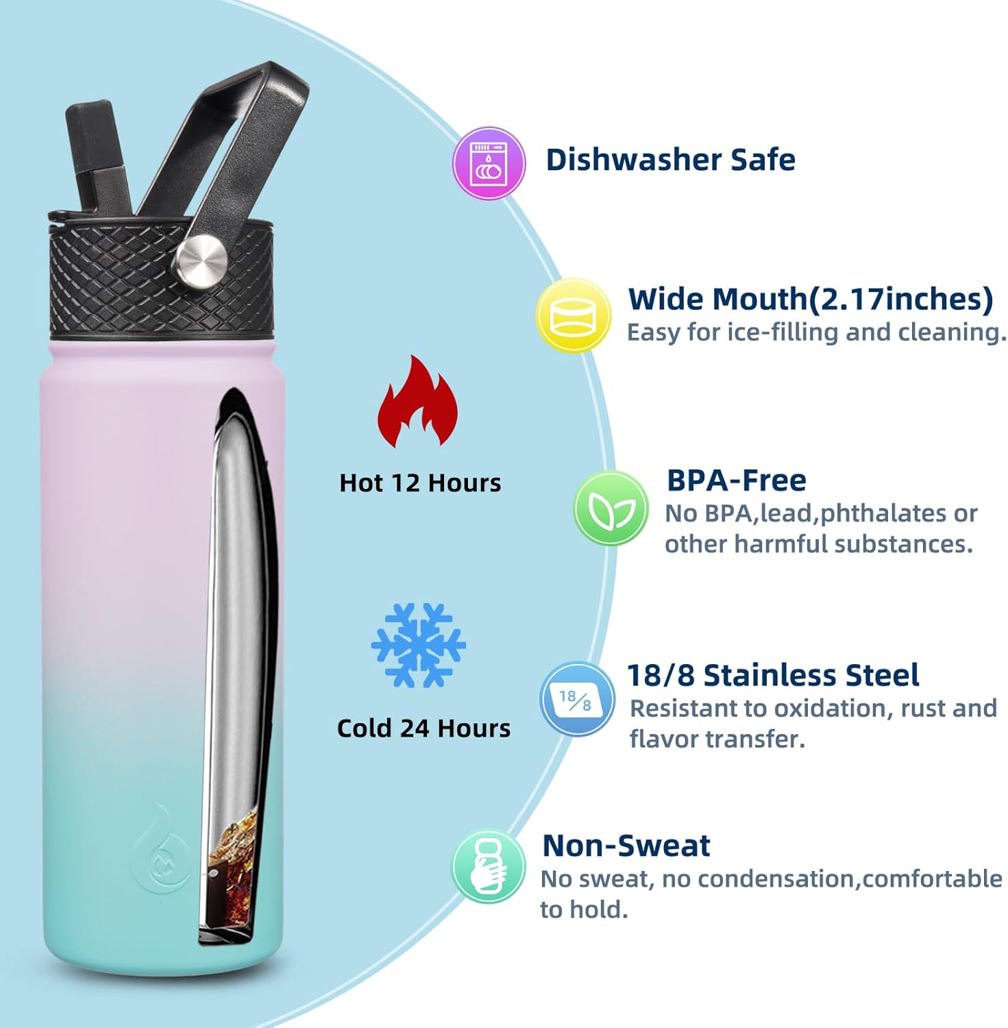 BJPKPK Insulated Water Bottles with Straw Lid, 22oz Cold & Hot Thermo, Stainless Steel Metal Water Bottle with 3 Lids, Reusable Thermo, Cups, Mugs for Daily Use-Lavender Green - Image 3