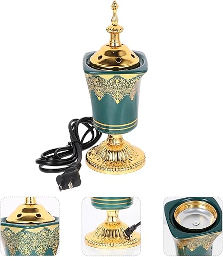 Miniatura 8 de HOMSFOU Quemador de incienso eléctrico enchufable de cerámica para el hogar, oficina, yoga, spa, aroma con diseño de Oriente Medio Verde,Cobre