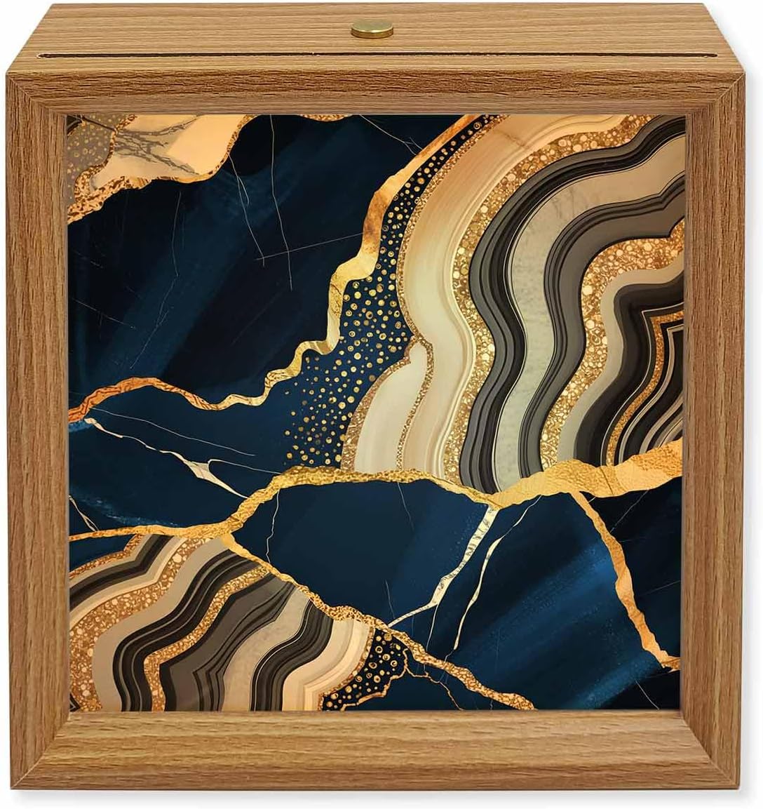 Wood Night Light Box Blue Marble Texture Wooden LED Night Lights with USB Rechargeable Dimmable Touch Table Light Abstract Gold Fluid Wood Picture Frame Lamp for Bedside Desktop Display Home Decor