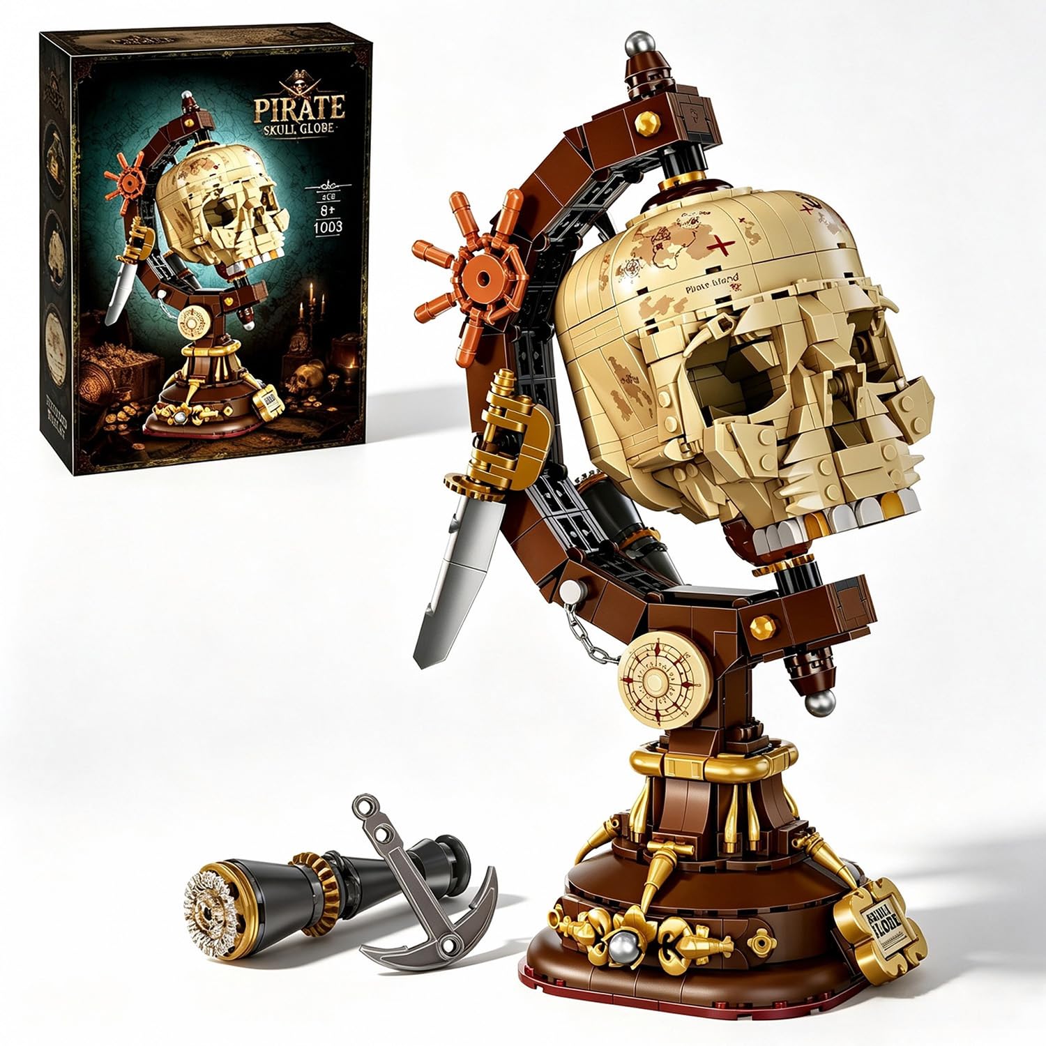 1136Pcs Pirate Skeleton Globe Building Block Set Rotatable Skull Model Kit