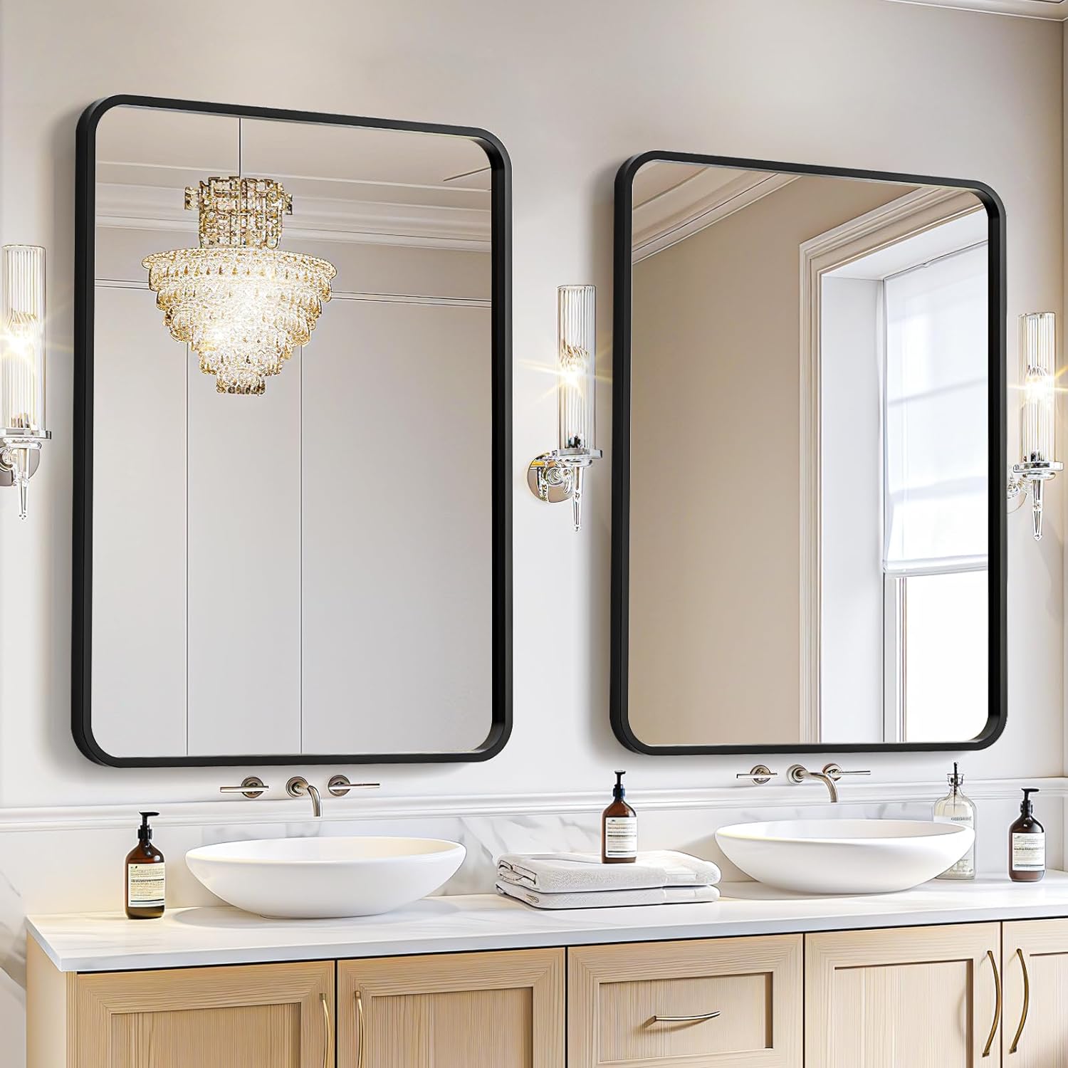 USHOWER 2-Pack Black Bathroom Mirrors Over Sink 22 x 30 Inch, Metal Frame Rectangle Mirror, Modern Farmhouse Vanity Mirror, Wall Mounted