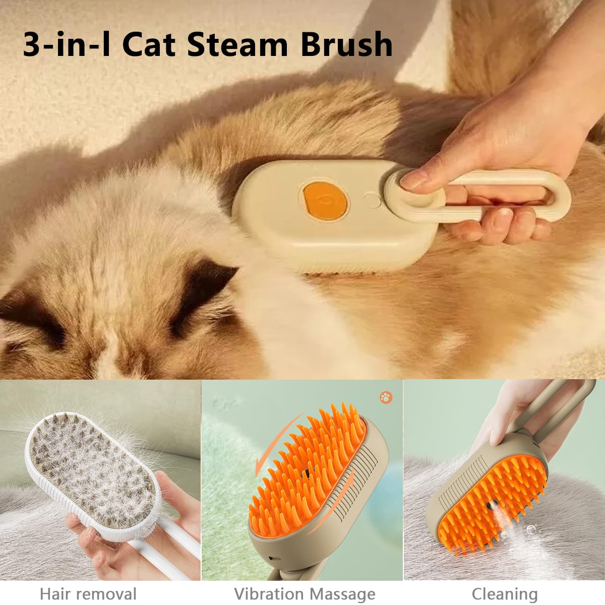 3-in-1 Katzen-Dampfbürste, Haustier-Dampf-Katzenbürsten, wiederaufladbar, antistatisch, Vibrationsmassage, Reinigung, Haarausfall und Kämmen, multifunktionaler Haarentfernungskamm für Katzen und Hunde