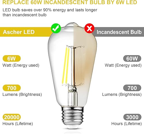 Miniatura 4 de Ascher - Bombillas LED Edison vintage, 6 W, equivalente a 60 W, no regulable, luz diurna 5000 K, 700 lúmenes, bombillas de filamento LED antiguas