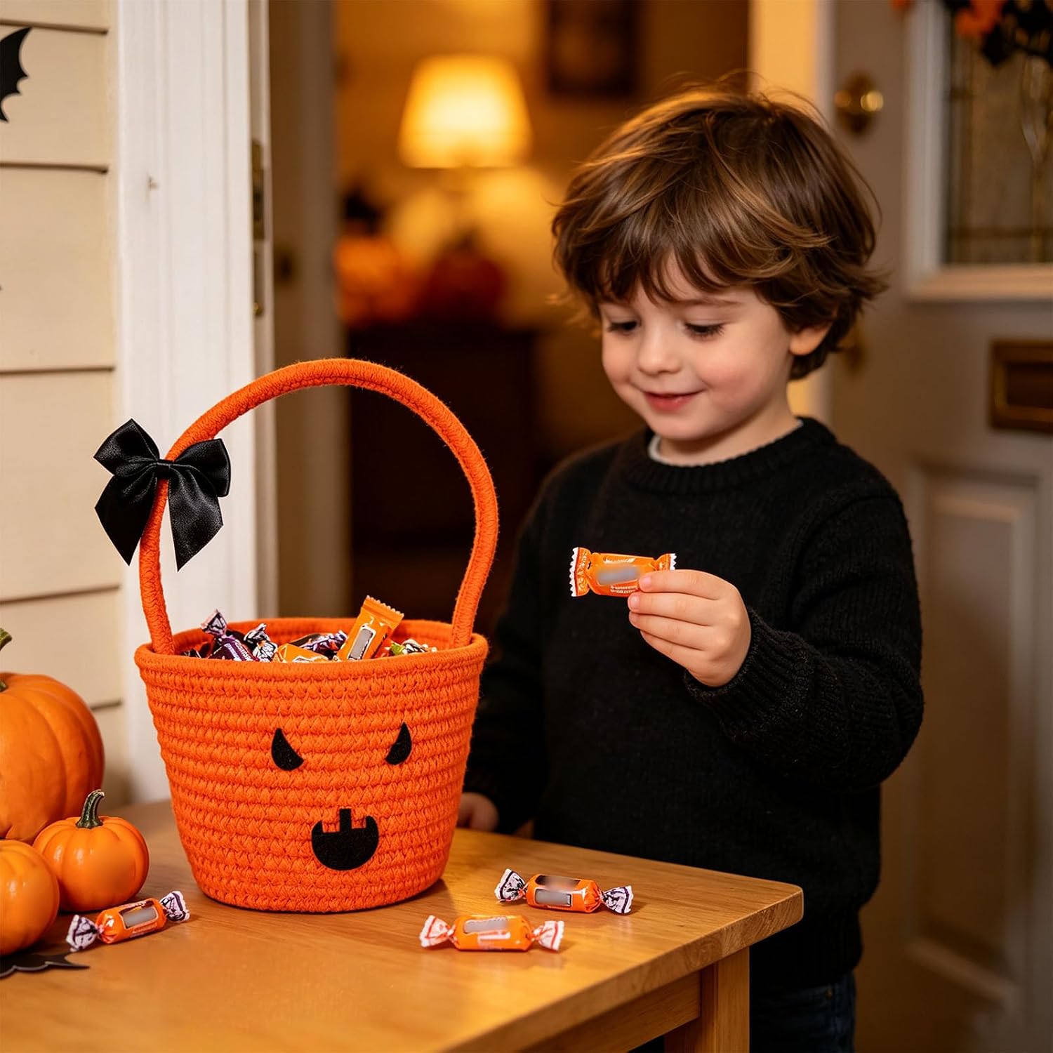 Halloween Pumpkin Candy Bucket, 7 inches Plastic Jack O Lantern Trick Or Treat Handheld Basket for Halloween Party Decor, Large Capacity Candy Holder (Cotton-A) image 3