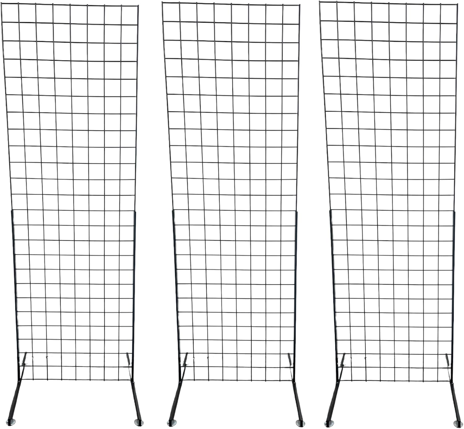Only Hangers 2' x 6' Grid Wall Panel Floorstanding Display Fixture with Deluxe T-Style Base, Black or White. Three-Pack Combo. (BLACK WITH EZ SLIDE ON LEGS (NO HARDWARE REQUIRED))