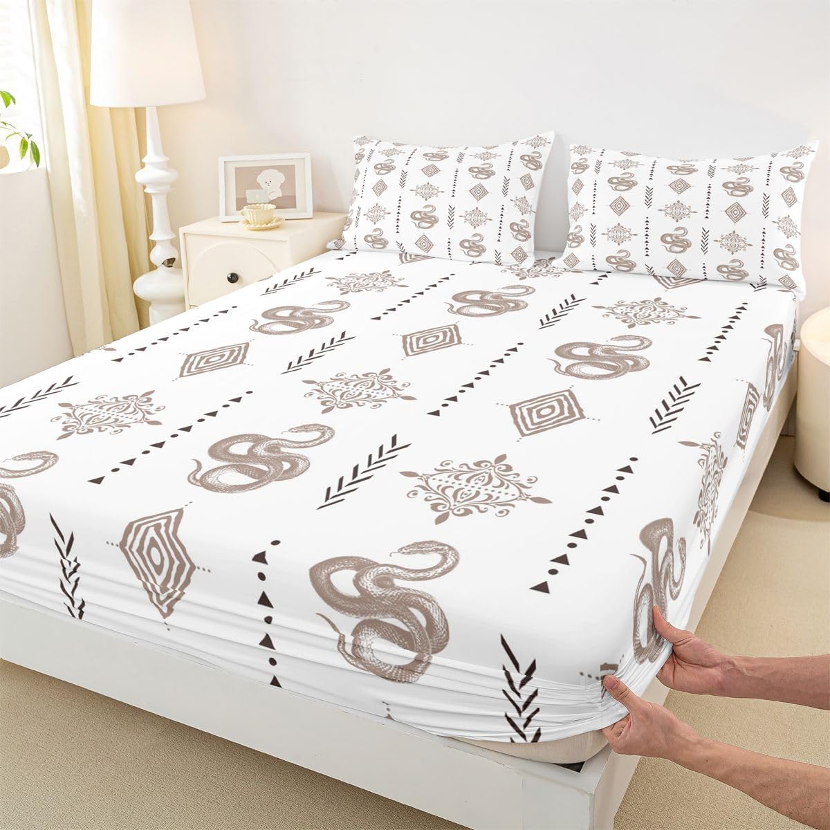 Erosebridal Tropical Snake Sheet Set Southwestern Aztec Western Full Size Bed Sheets for Toddler Boys | Light Brown Damask Bohemian Goth Bedding Set,Gothic Vintage Floral Victorian Decor