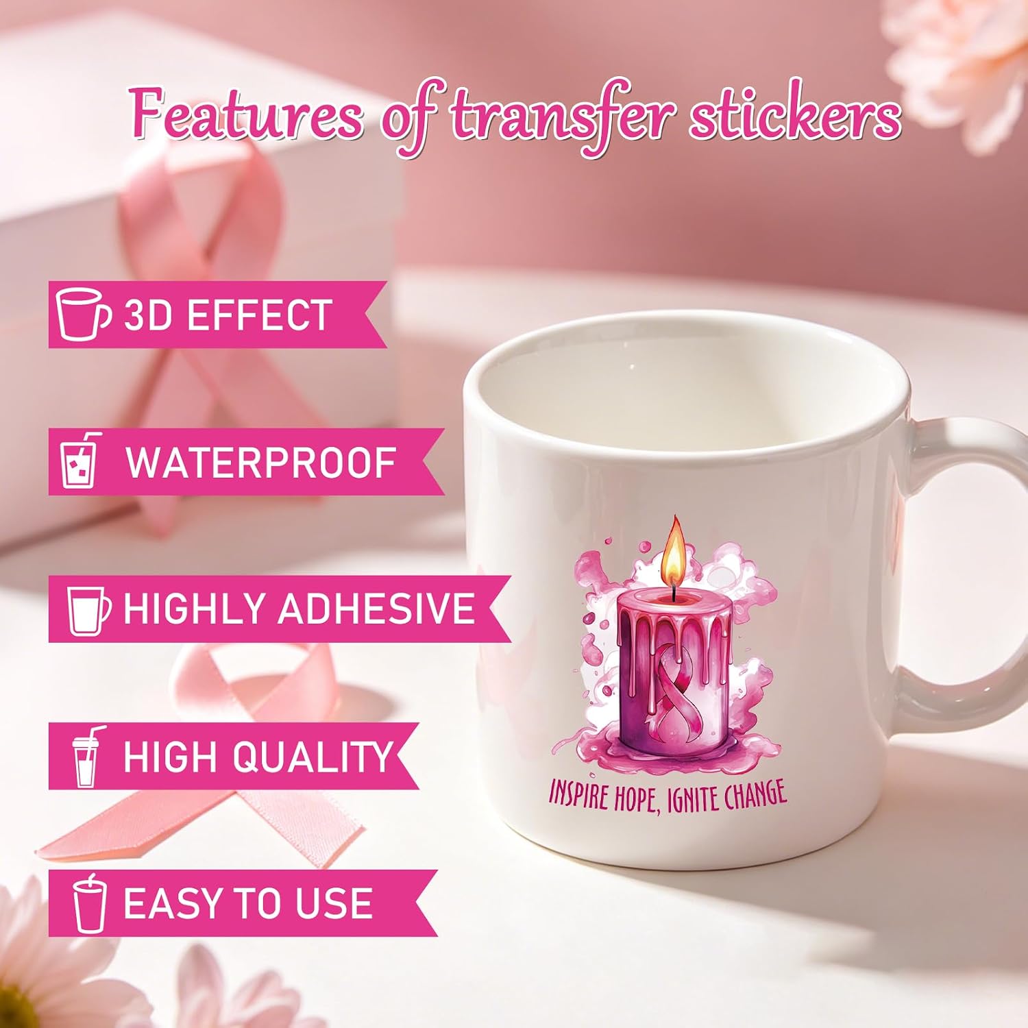 Rngmsi UV DTF Cup Wrap - 30 Sheets Breast Cancer Awareness UV DTF Wraps for 16 oz Glass, Pink Ribbon Hope UVDTF Stickers, Rub on Transfer Decals for Drinking Cups Water Bottles
