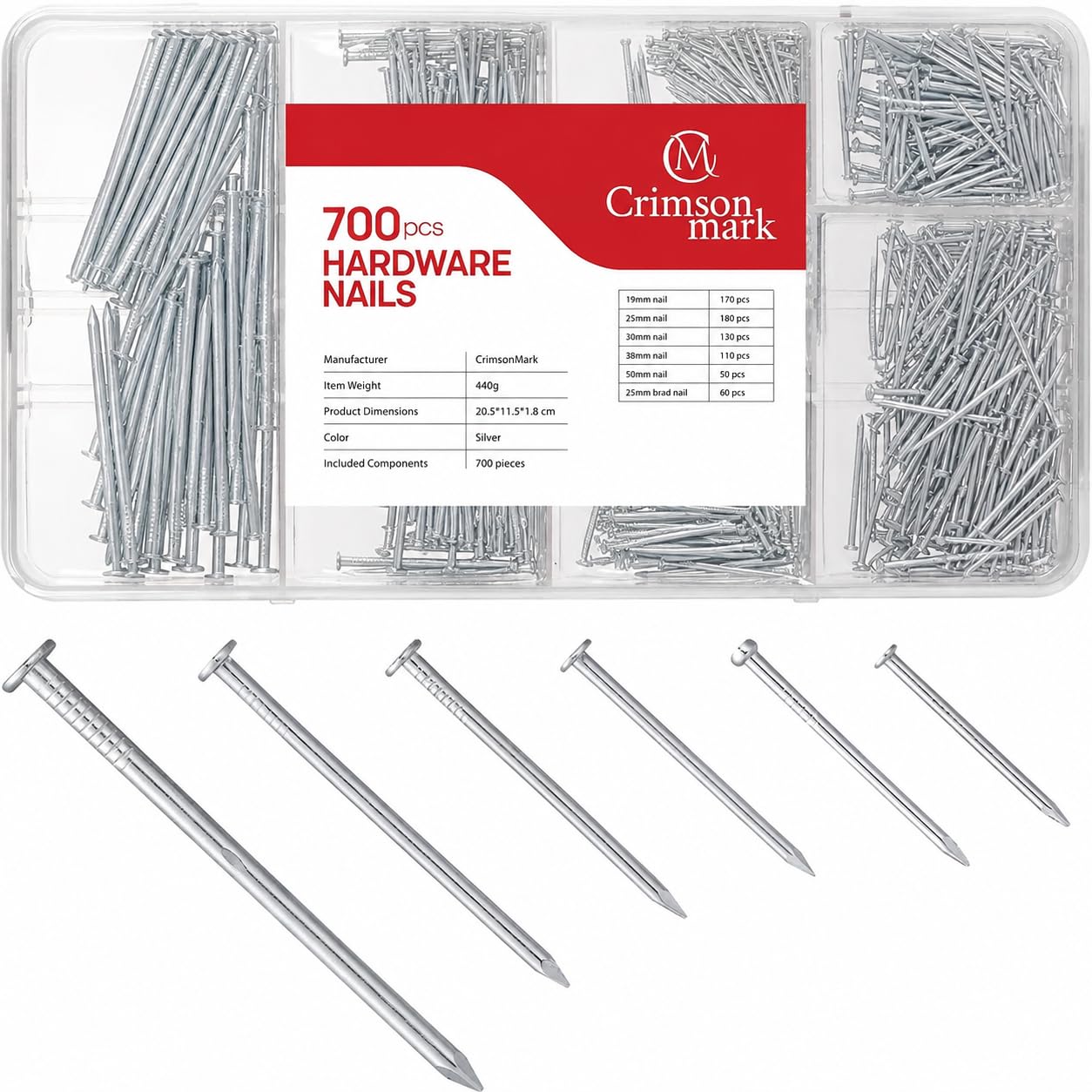 CrimsonMark Nails Assortment Kit - 700 PCS Galvanized Steel Nails for Wall