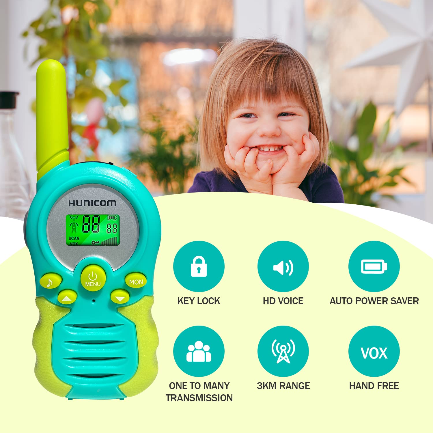 Talkie-walkie rechargeable pour enfants – Jouets électroniques pour garçons et filles, cadeaux d'anniversaire, radio bidirectionnelle avec lampe de poche, écran LCD VOX (rechargeable cyan)