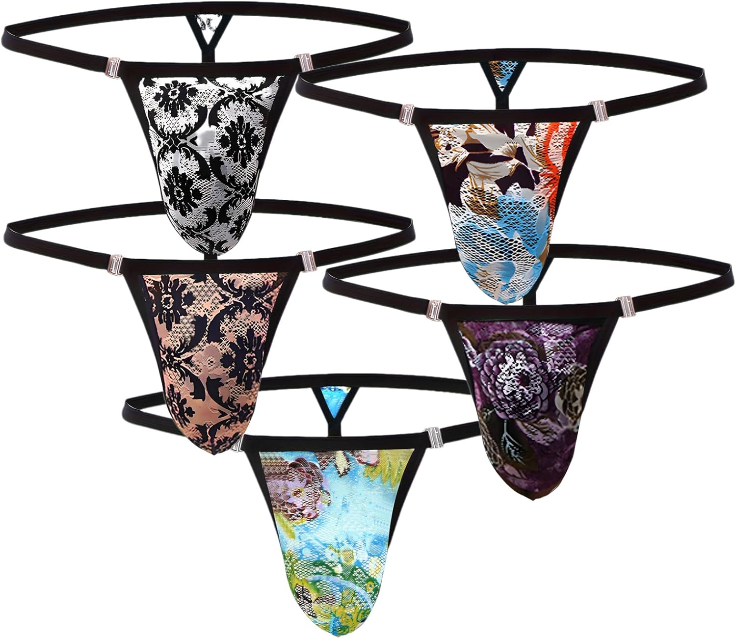 Men's Lace Thong Underwear Sexy G-String T-Back Low Rise Comfortable Breathable Sissy Lingerie Panties for Men