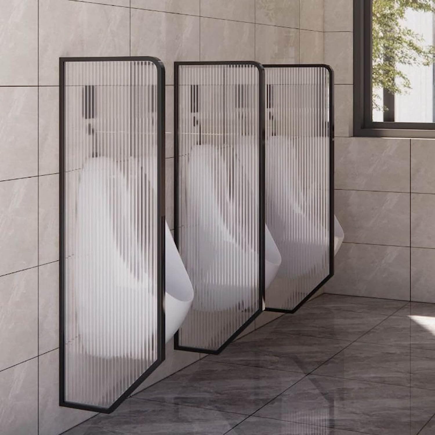 Mampara divisoria de pared para urinario masculino en baños comerciales, divisor de protección moderno con marco de acero inoxidable y vidrio templado translúcido, color negro - Paquete de 2