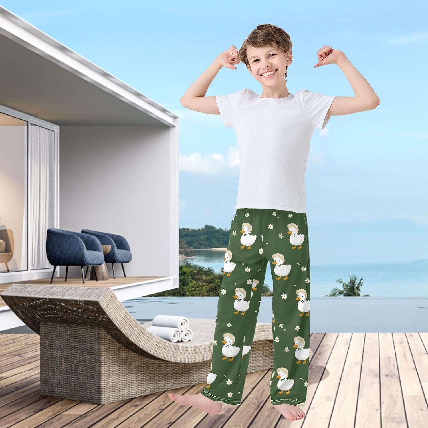 visesunny Boys' Pants White Ducks Flower Jogger Pants Elastic Waist Long Bottoms Trousers with Pockets S-XL