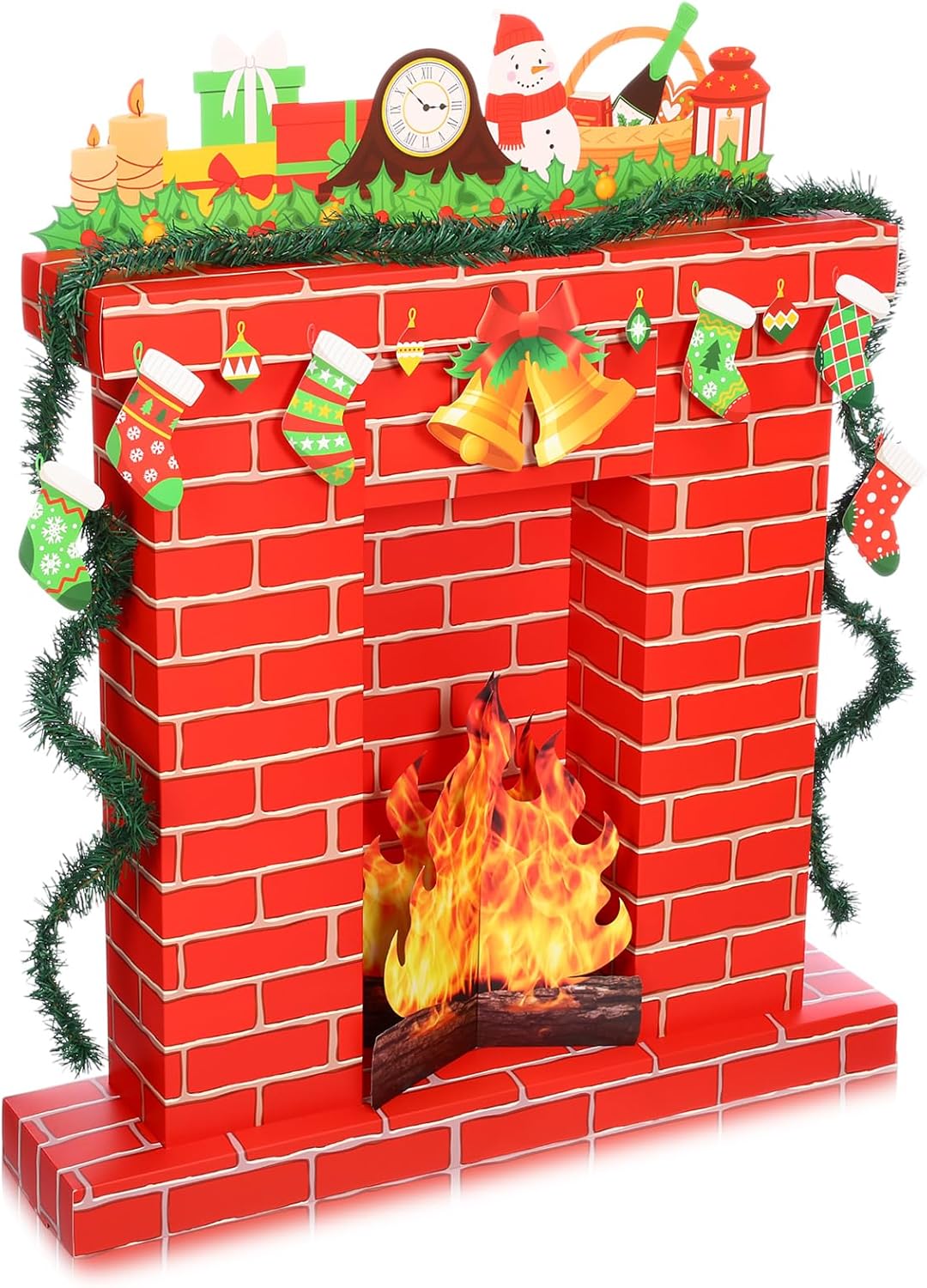 Christmas Corrugated Fireplace 35.5 x 29 x 8 Inch DIY Cardboard Fireplace with Stocking 3D Fire Flame Prop Pine Bell for Christmas Party Background Decorations(White)