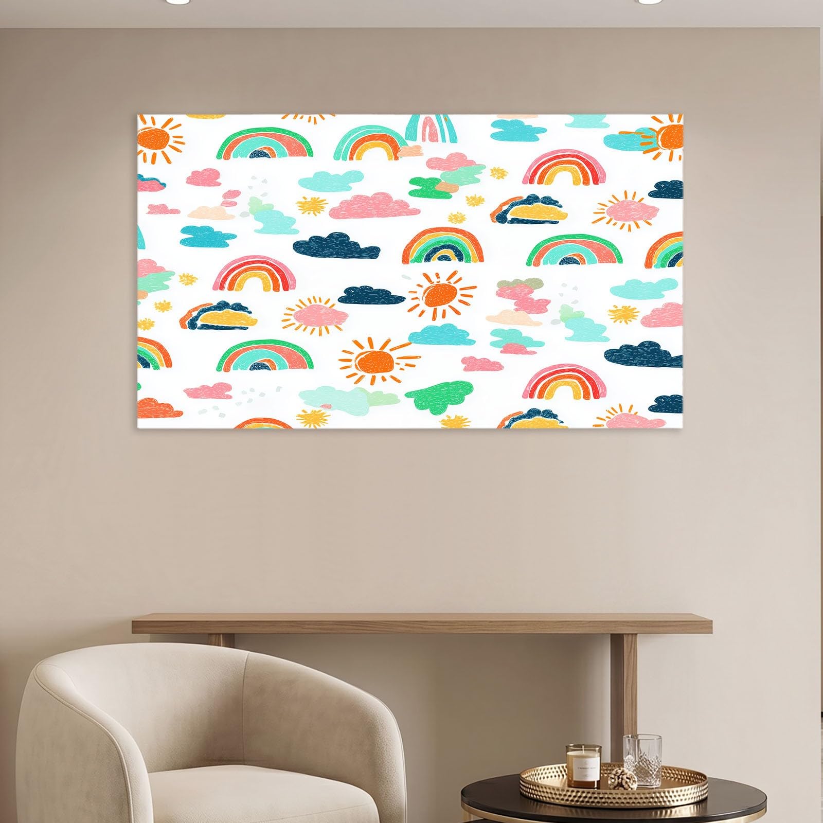 Genérico Impresión sobre lienzo de dibujos animados Cuadro Decoración de pared, Pintura 120 x 80 cm, blanco arco iris sol nubes – Carteles Art para sala de estar, dormitorio, cocina, oficina