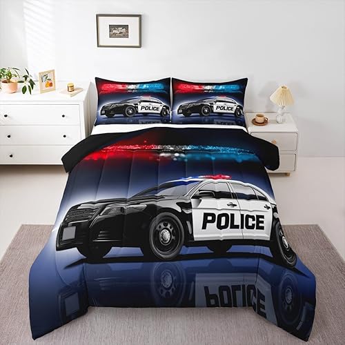 Erosebridal Juego de edredón de coche de policía, tamaño Queen, juego de ropa de cama de vehículo de policía para niños y niños, edredón de plumón