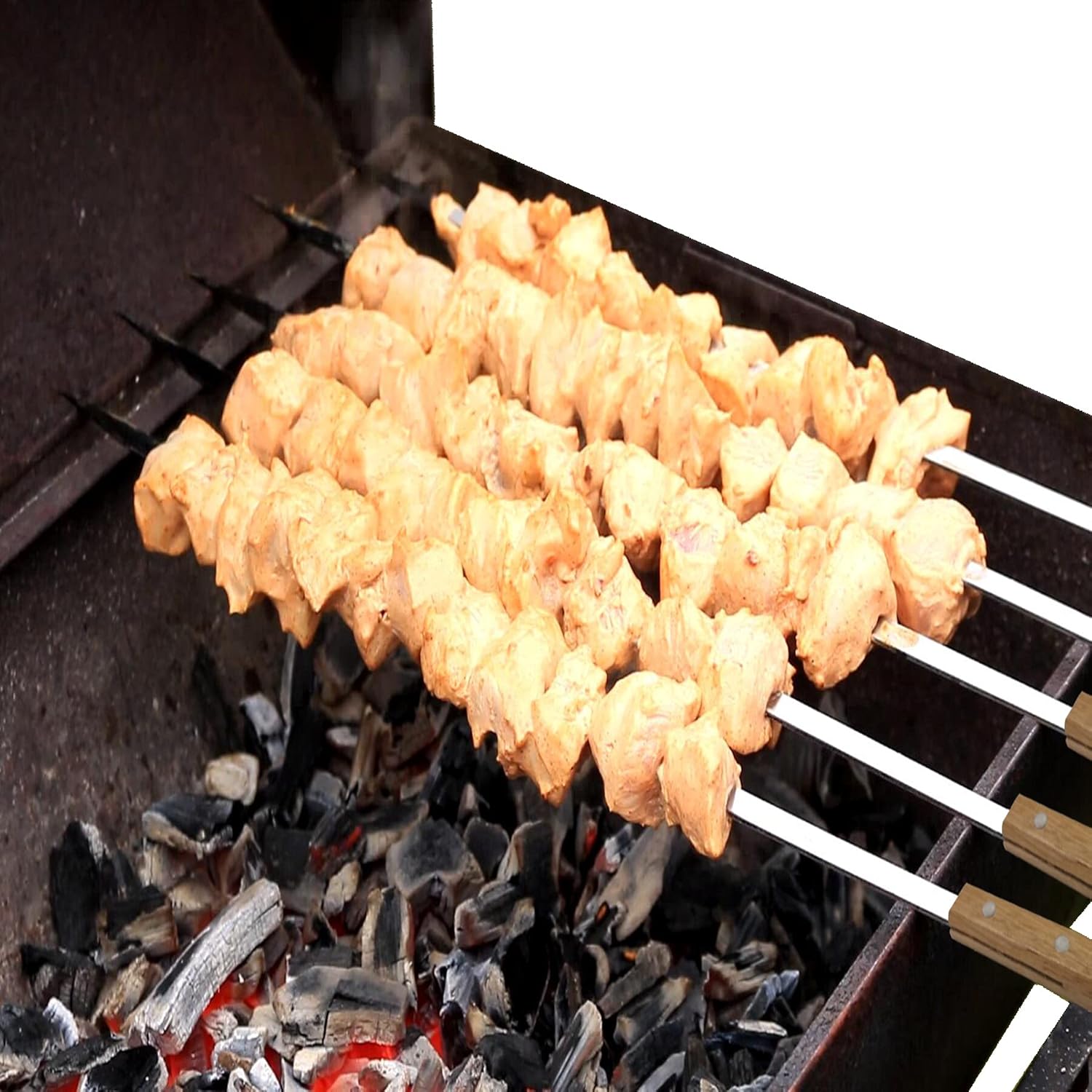12 Pack Kebab Skewers 22 Inch Stainless Steel Grilling BBQ Skewer Reusable Barbecue Skewers Flat Stick with Wood Handle,Ideal for Koubideh Brazilian Chicken Shrimp Turkish Shish Kabob