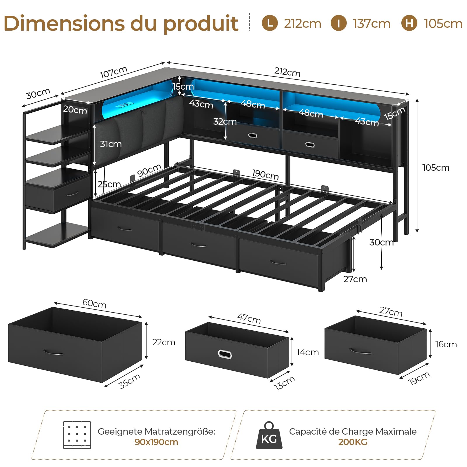 DICTAC Lit 90x190 en L – Banquette-Lit 1 Place avec Tête de Lit Capitonnée (Rangement Secret + Table de Nuit Intégrée), LED RGB & Recharge | Idéal pour Studio & Chambre (Noir)