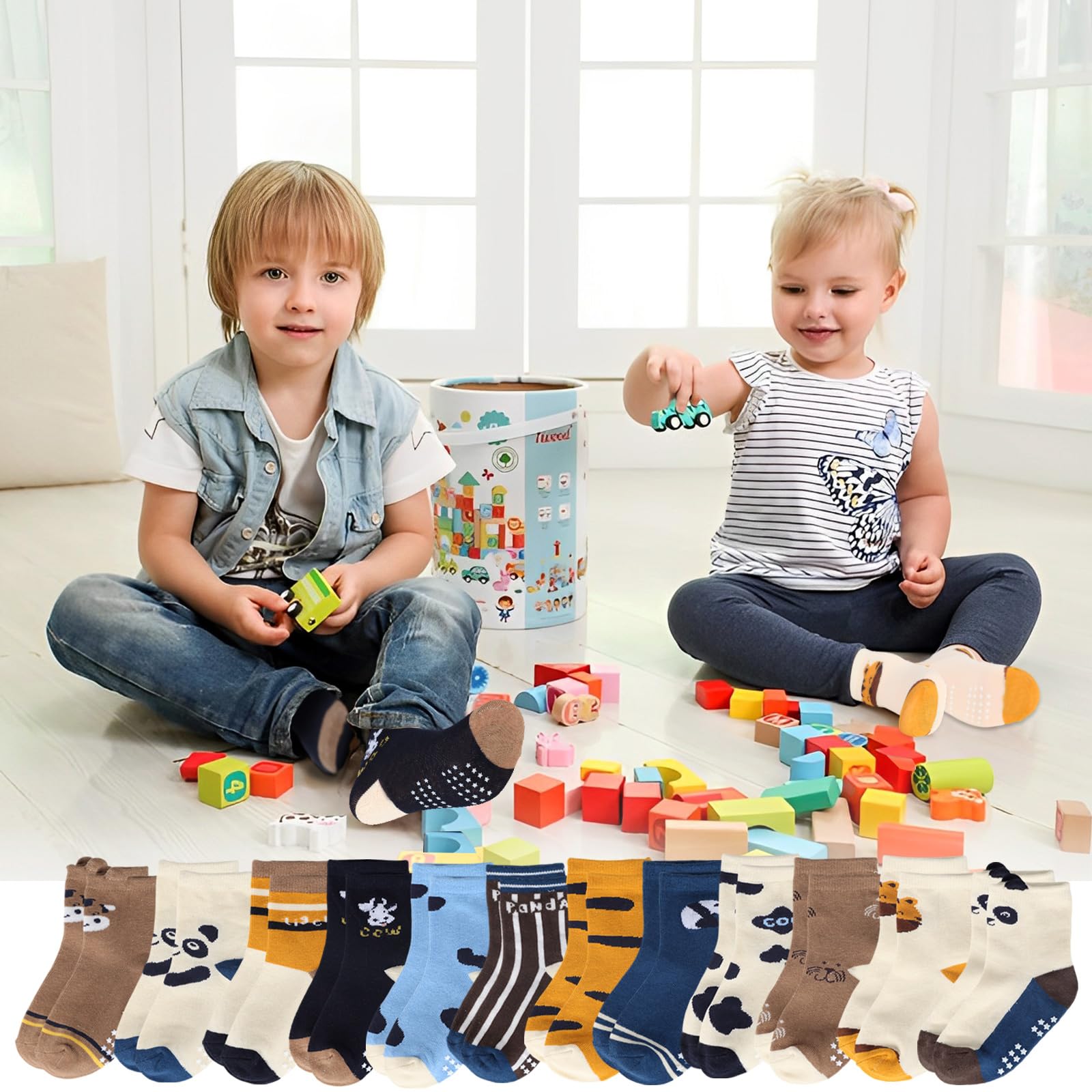 12 Pares de Calcetines Antideslizantes para Niños Niñas Recien Nacido Unisex Pequeños Algodón Lindo con Puños Calcetines Antideslizantes para Bebés — view 7