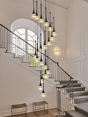 Candelabro moderno de 138 pulgadas, 20 luces, color negro, moderno, lámpara colgante para escalera, lámpara grande para vestíbulo, sala de estar,