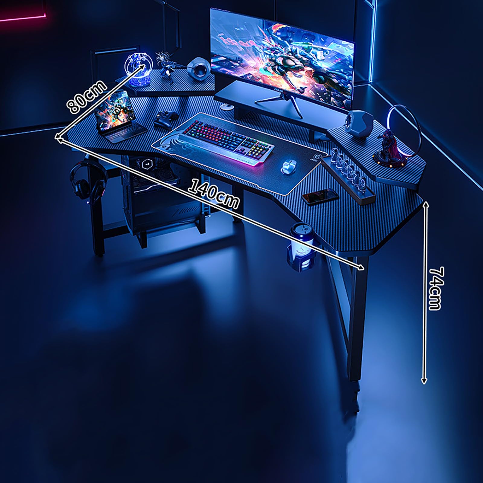 Table de Jeu, Grande Table d'ordinateur en Forme d'aile avec Support pour écran, Support pour Casque et Porte-gobelet, Plateau en Fibre de Carbone, châssis Suspendu, Studio 3