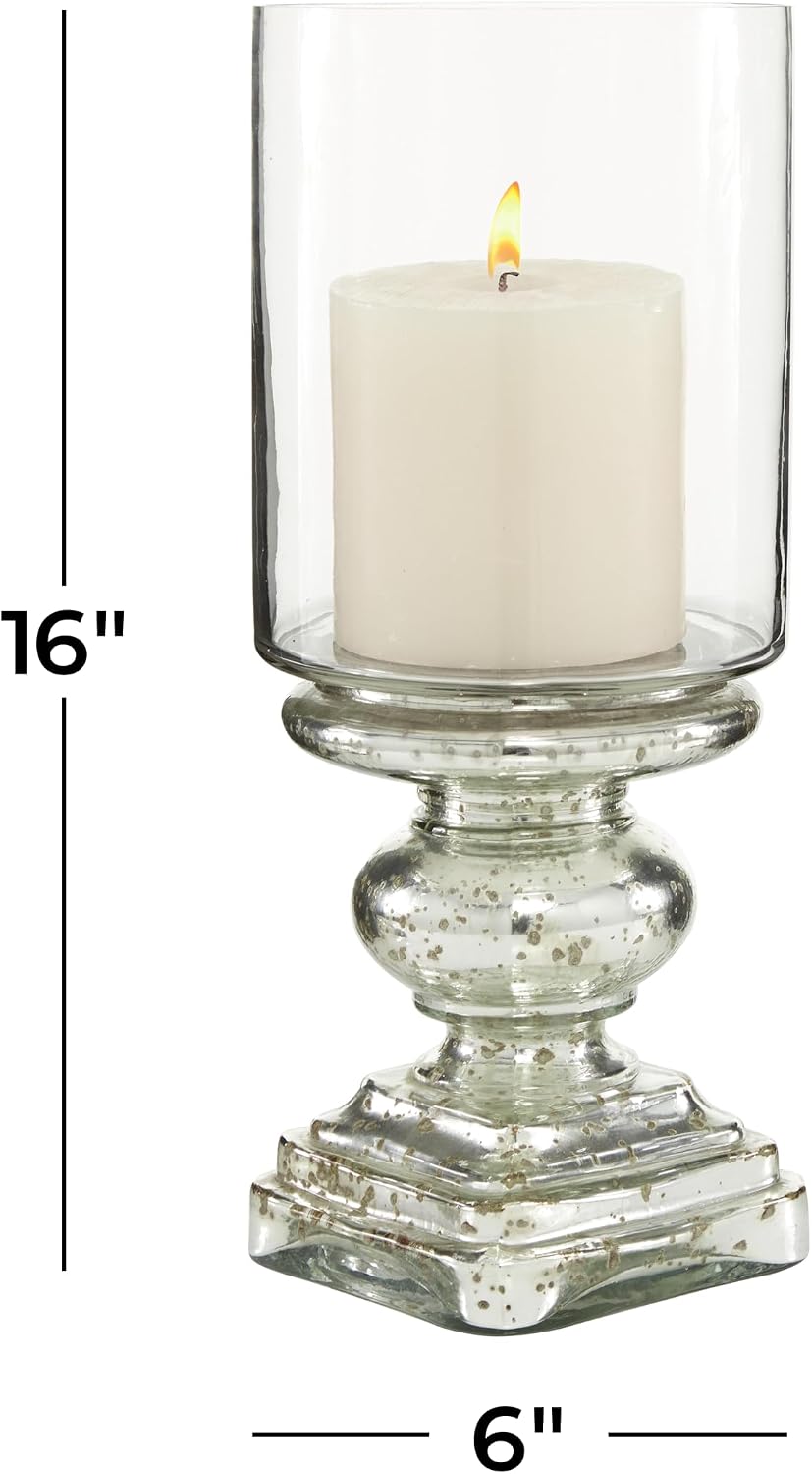Deco 79 Glass Handmade Turned Style Pillar Hurricane Lamp with Faux Mercury Glass Finish, 6" x 6" x 16", Silver
