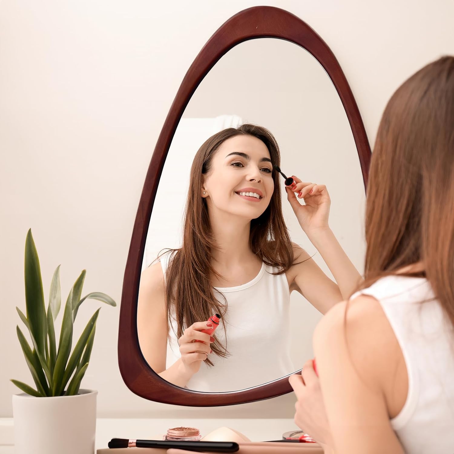 sawsile irregular wall mirror for bathroom,wood asymmetrical rustic 19.5 x 30.5 inch farmhouse vanity unique walnut decorative large mirror for entryway,bedroom,living room,washroom dark brown 30.5"l x 19.5"w