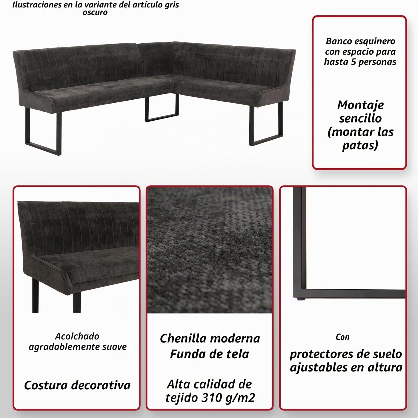 Banco de esquina HWC-O82, banco de comedor, Öko-Tex (310 g/m²), tela de chenilla, textil y metal, 210 x 159 cm, color verde