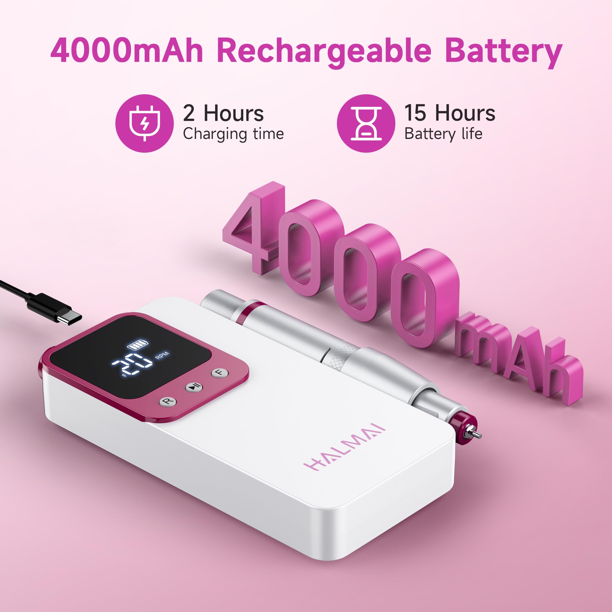 HALMAI fresa per unghie professionale, Limetta portatile per gel acrilico, Kit fresa per unghie ricaricabile a batteria 40000 giri al minuto, HMC320 fresa per unghie di qualità da salone (White)