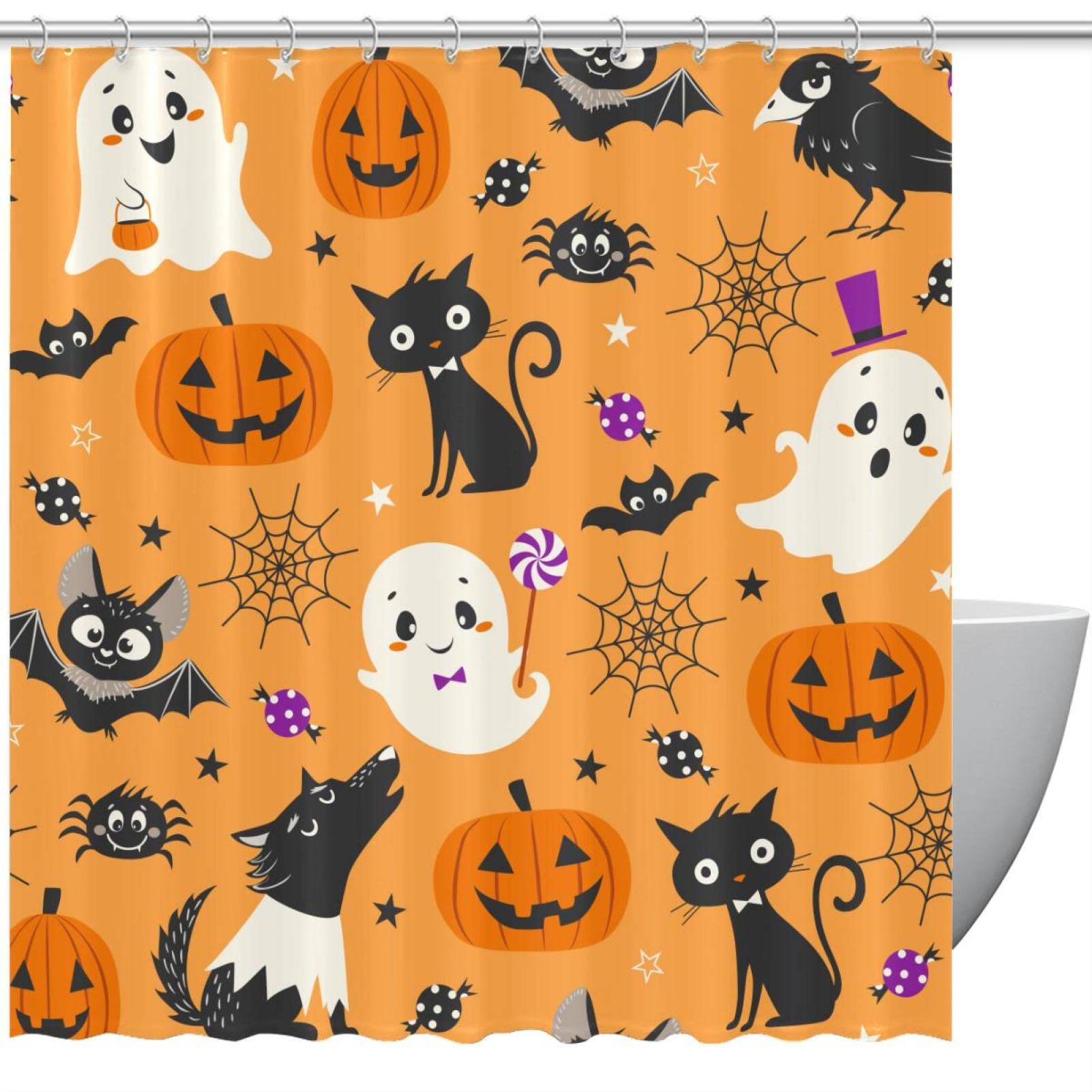 Rideau de douche lavable anti-moisissure motif chat d'Halloween 152x182 cm