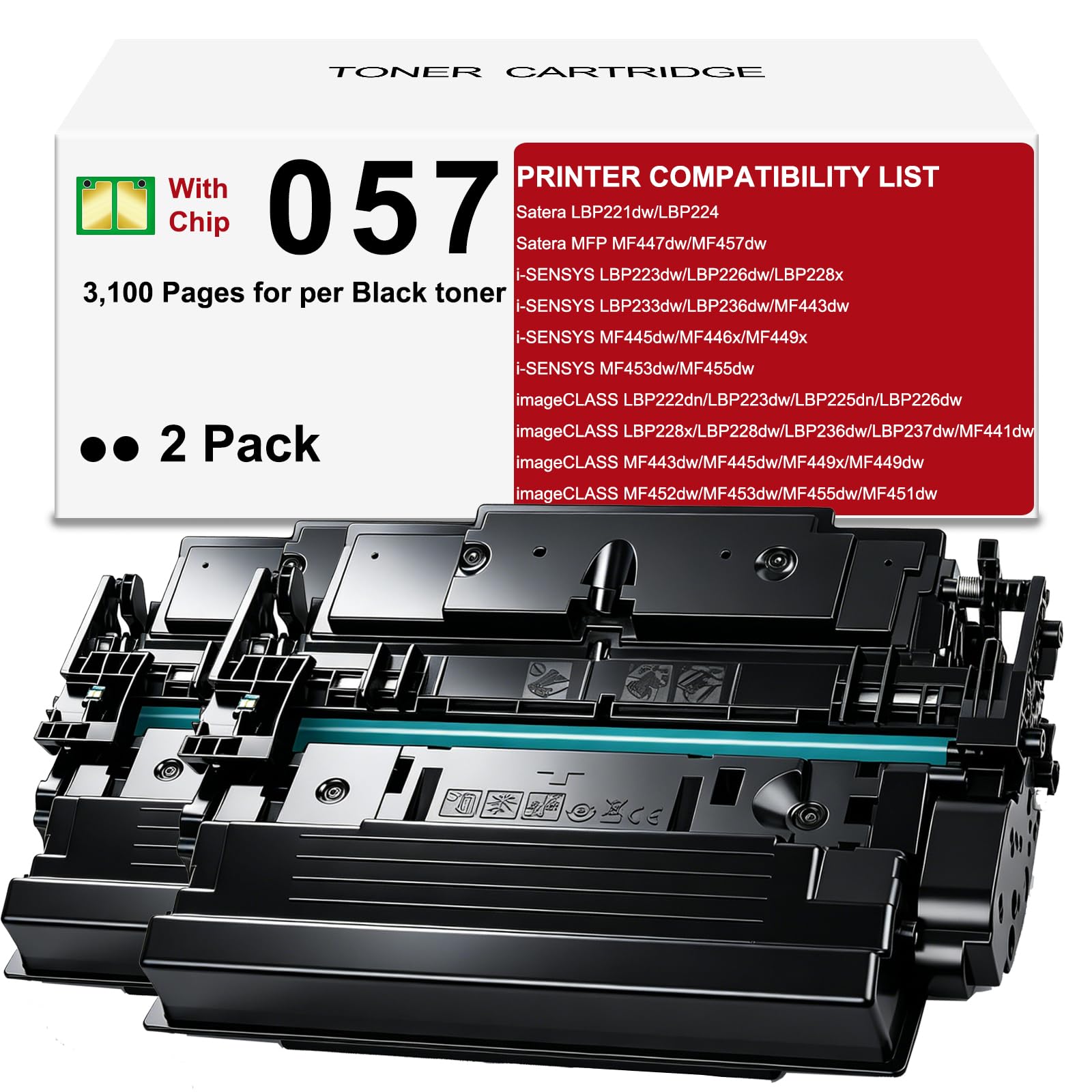 057 Toner Cartridges (2 Black) (with Chip) Replacement for