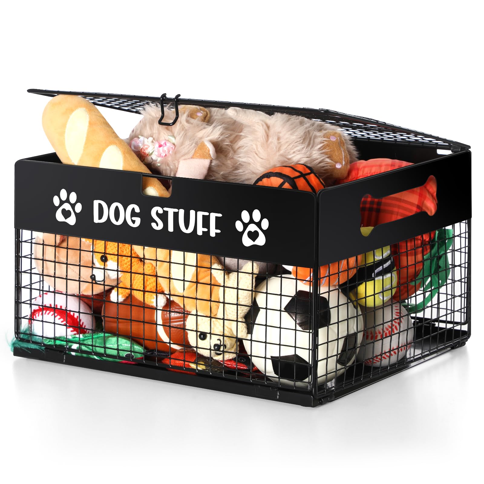 Qmetalart Dog Toy Box, Large Metal Dog Toy Storage Box with Lid, Chew-Resistant Dog Toy Basket, Durable Toys Bin for Small Dogs and Pet, Puppy Toy Holder Boxes for Living Room