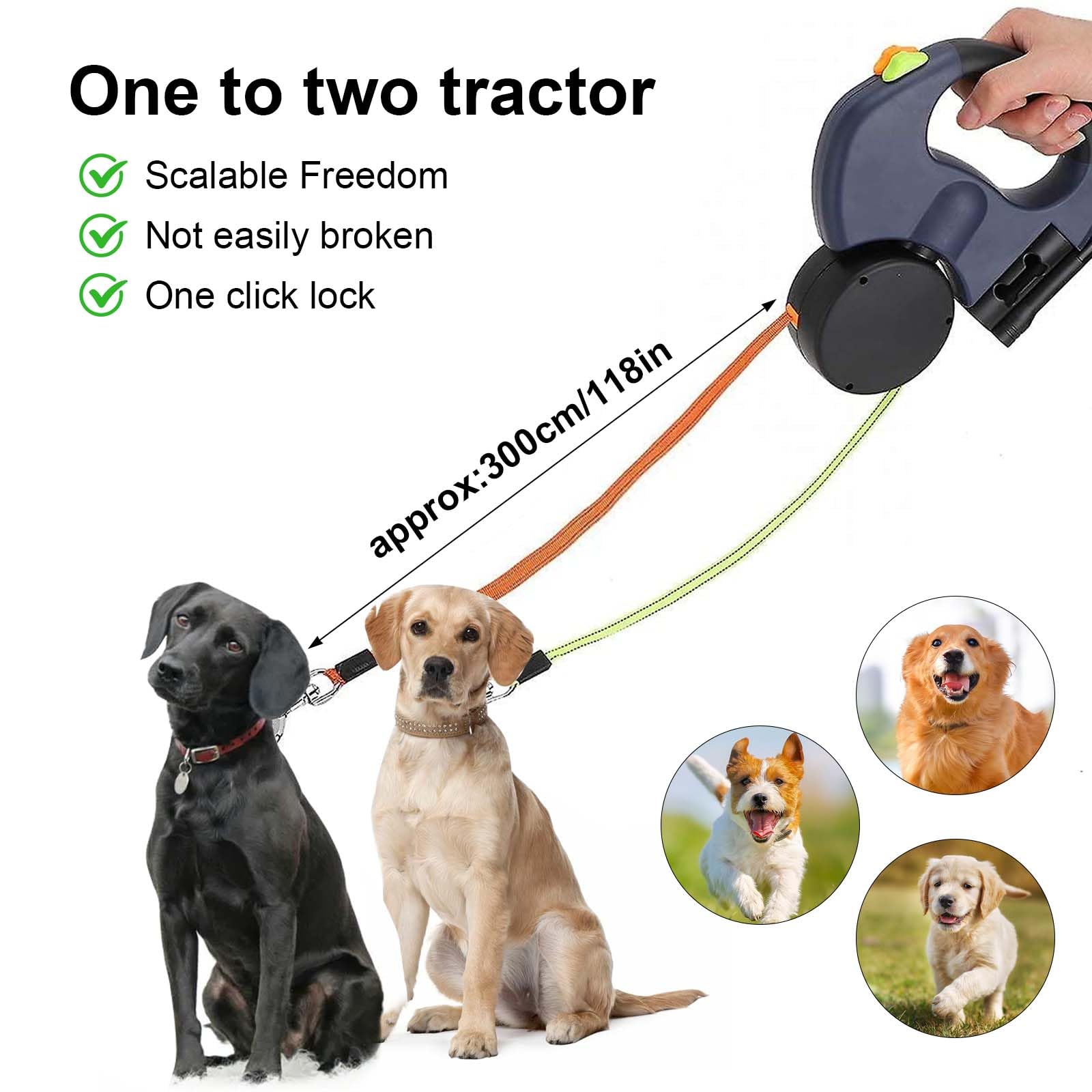 Guinzaglio Cane per 2 Cani Piccoli, 3 Meter Guinzaglio per Cani Allungabile Due, Guinzaglio Doppio Retrattile con Luce, 360° Senza Grovigli