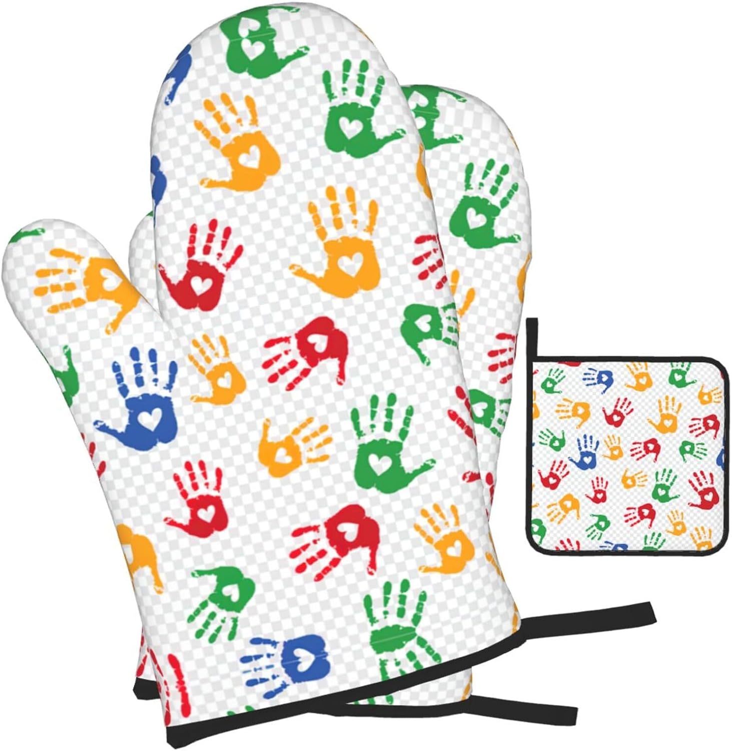 Colorful Hand Shapes Rainbow Print Heat Resistant Microwave Gloves, Used for Baking, Cooking, and Fashion Kitchen Essentials