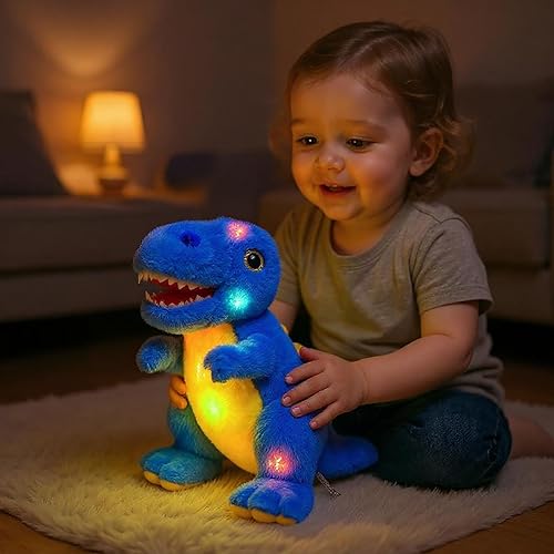 Miniatura 5 de Cuteoy Peluche LED de dinosaurio azul iluminado, para cumpleaños, Navidad, juguetes de peluche T-Rex, regalos para niños pequeños, 12.5 pulgadas