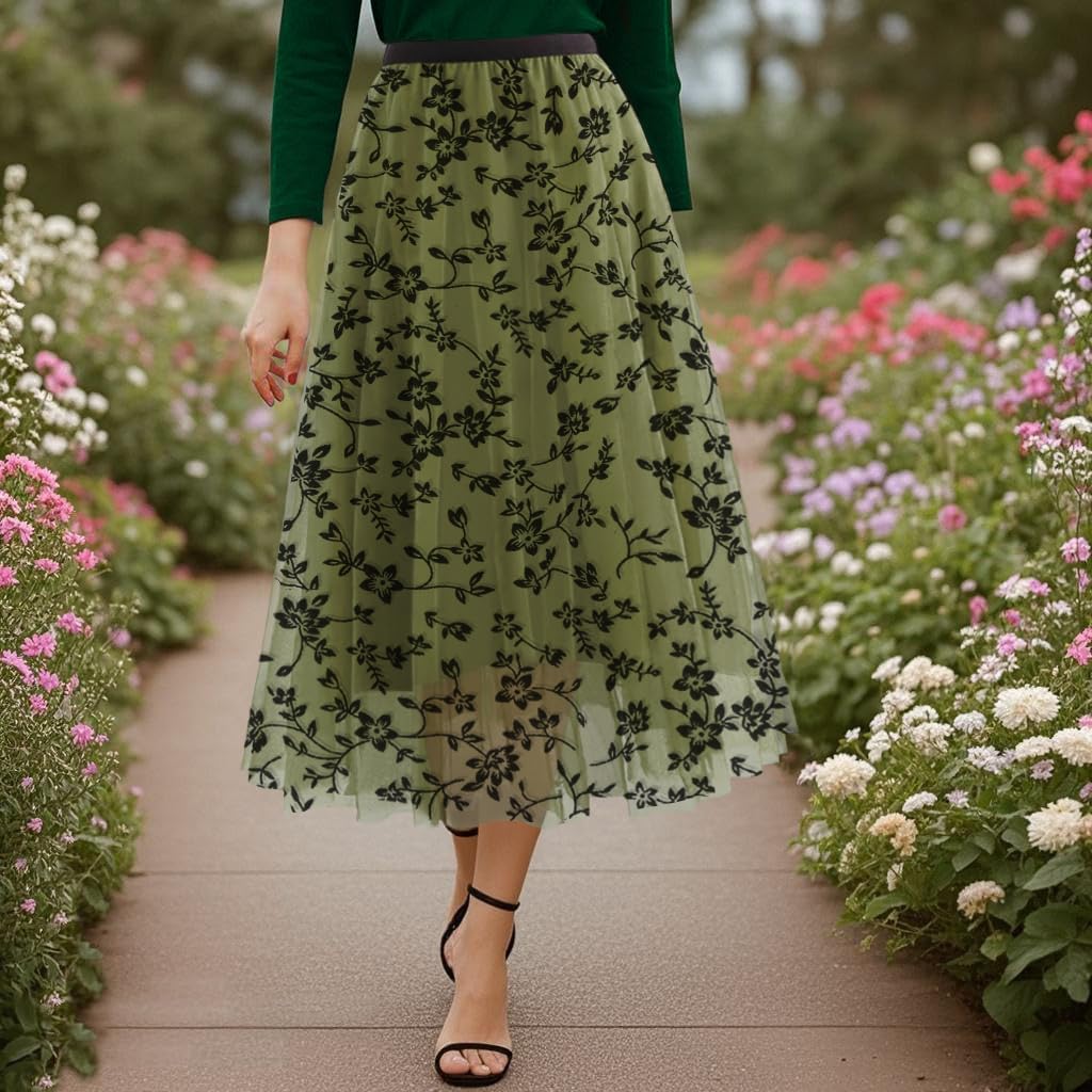 Skirts for Women Midi Long Length Dressy Casual Trendy Summer Tulle A-Line Floral High Waist Skirt - Image 2