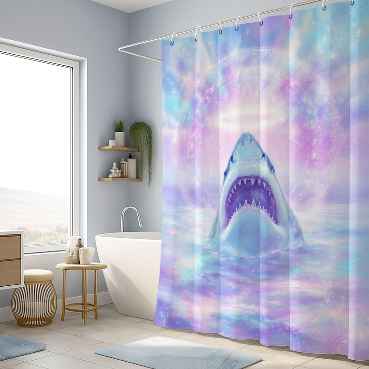 Generico Zasłona prysznicowa 3D Ocean wschodzący rekin aureola dla miłośnika zwierząt, fantastyczna róża, 200 x 200 cm wodoodporna zasłona łazienkowa z mikrofibry, odporna na pleśń, zmywalna, z