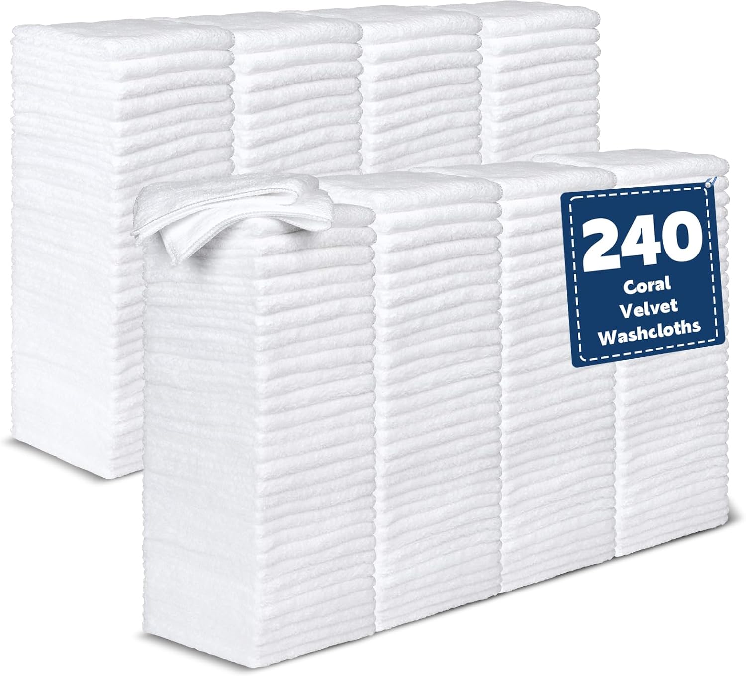 Coral Velvet Microfiber Washcloths 240 Pack, Highly Absorbent and Soft Face Towel, Multi-Purpose White Bath Towels for Bathroom, Hotel, Spa and Gym, 12 x 12 inches