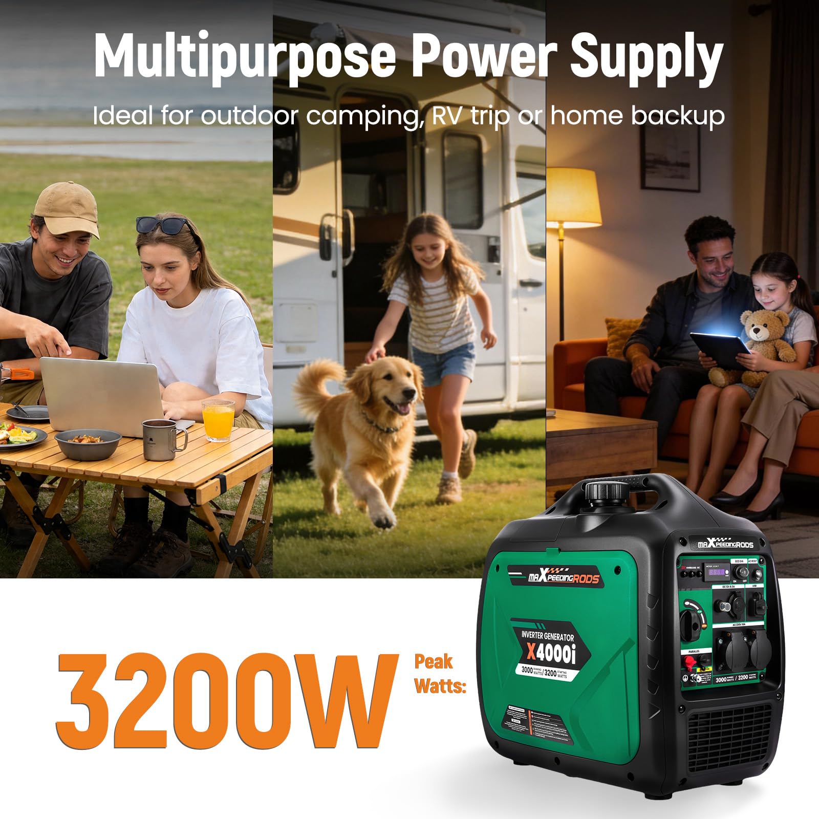 maXpeedingrods Générateur Inverter portable à essence 3200 W — Idéal pour le camping, les fêtes et les réunions en plein air — Équipé de 2 prises 230 V/16 A, 2 ports USB et 1 prise 12 V CC