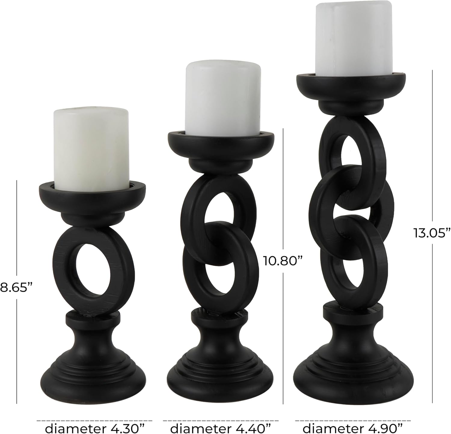 Deco 79 Wooden Decorative Candle Holder Chain Link Candle Stand, Set of 3 Candlestick Holder 13", 11", 9" H, Black - Image 2
