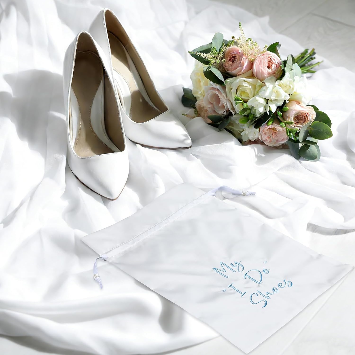 Bride Shoe Bag 11" x 9" Satin Wedding Shoe Storage Pouch with Drawstring Bridal Shower Gifts for Engagement Honeymoon