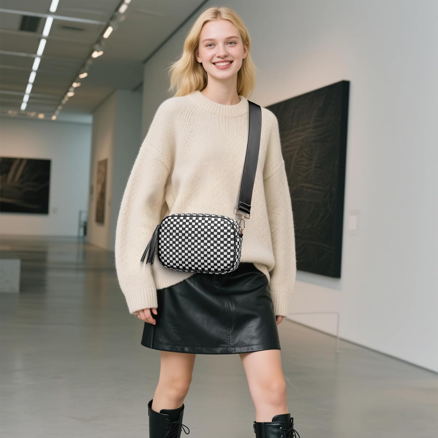 Small Checkered Crossbody Bag for Womenl Cute Vegan Leather Purses Trendy Shoulder Handbags Wide Strap - Image 2