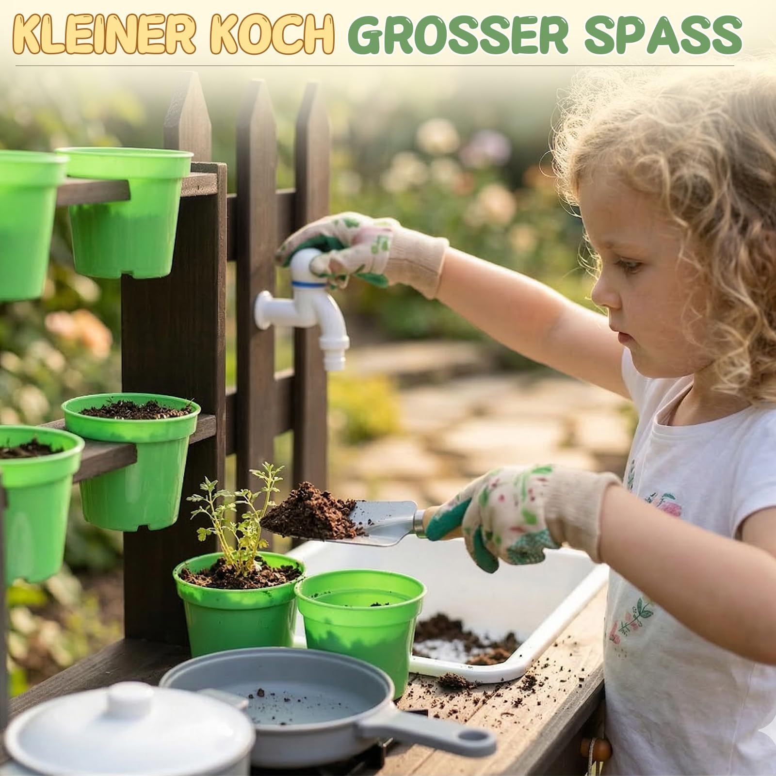LALAHO Matschküche Outdoor, Gartenspielküche mit Spüle, Blumentopf & Wasserhahn, Kinderküche mit Herd, Spielküche geeignet für Kinder ab 3 Jahren, Dunkelbraun