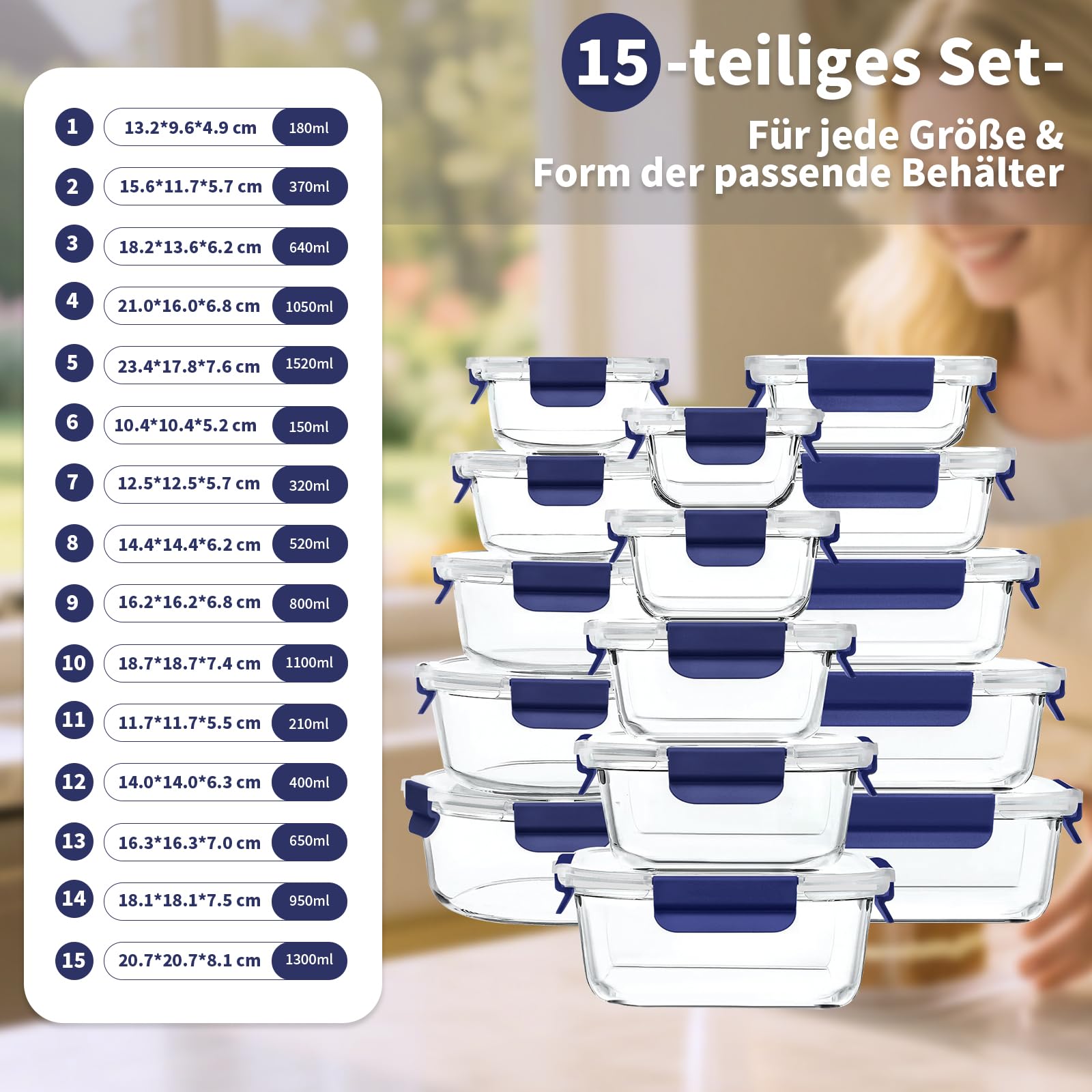 Meal Prep Cajas de cristal, tarros de cristal con tapa, juego de recipientes herméticos con tapa a prueba de fugas, para microondas, congelador y fregadero, 15 unidades, color azul