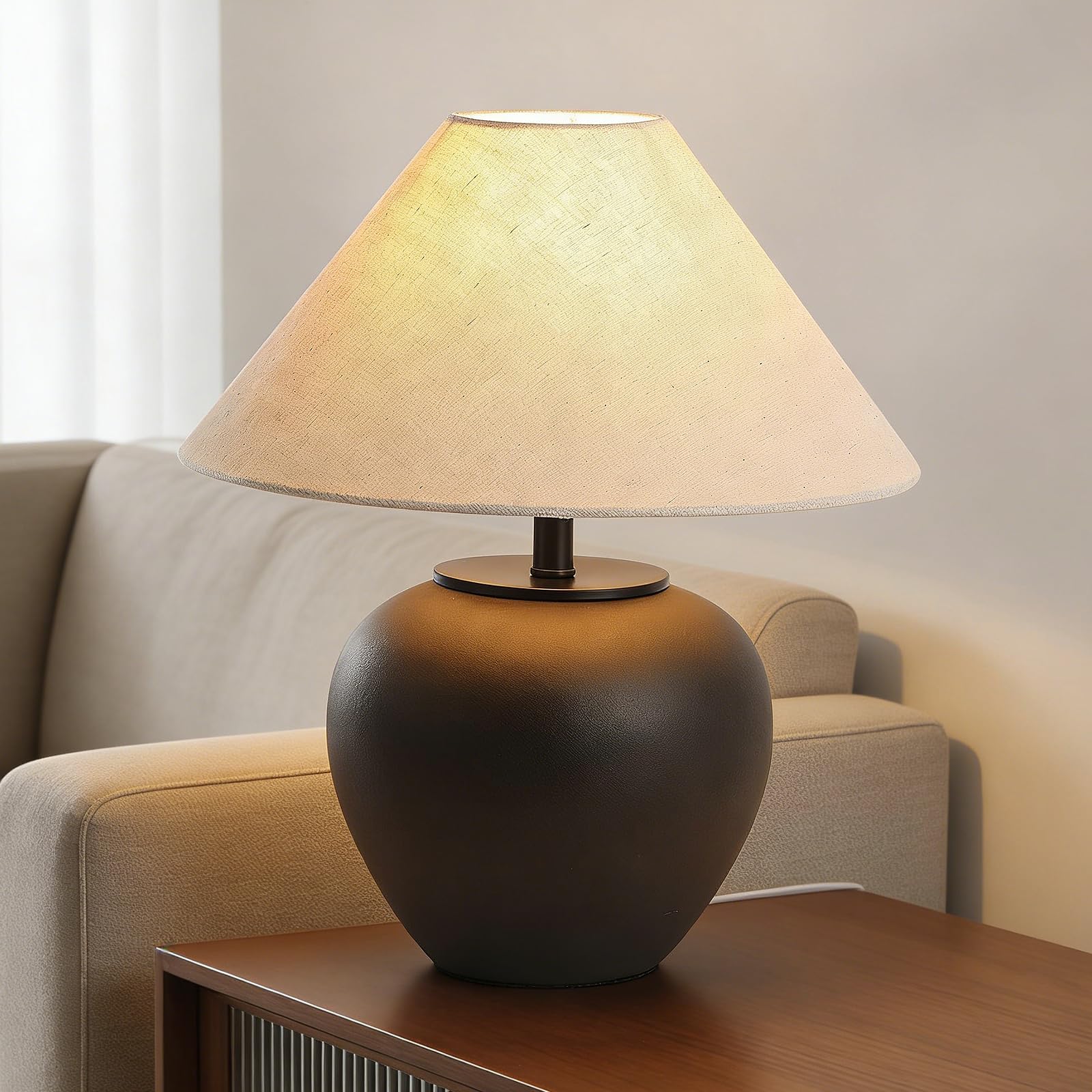 Lampada Da Tavolo In Ceramica Nera, Moderna Fattoria Rustica Scrivania Fatta A Mano, Comodino Per Soggiorno (Nero)
