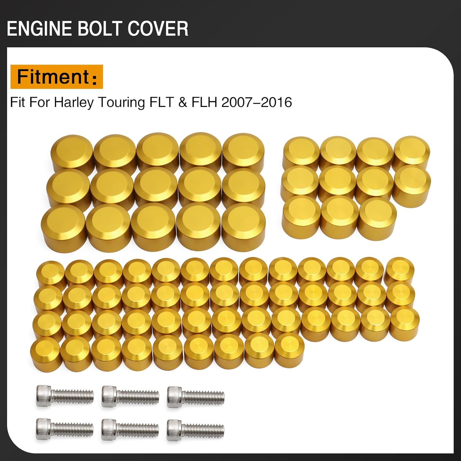 Bolt Covers Engine Twin Cam Toppers Caps Kit Aluminum for Harley Touring 2007-2016 Road King Electra Street Glide Road Glides FLT FLH 75Pcs (Gold)