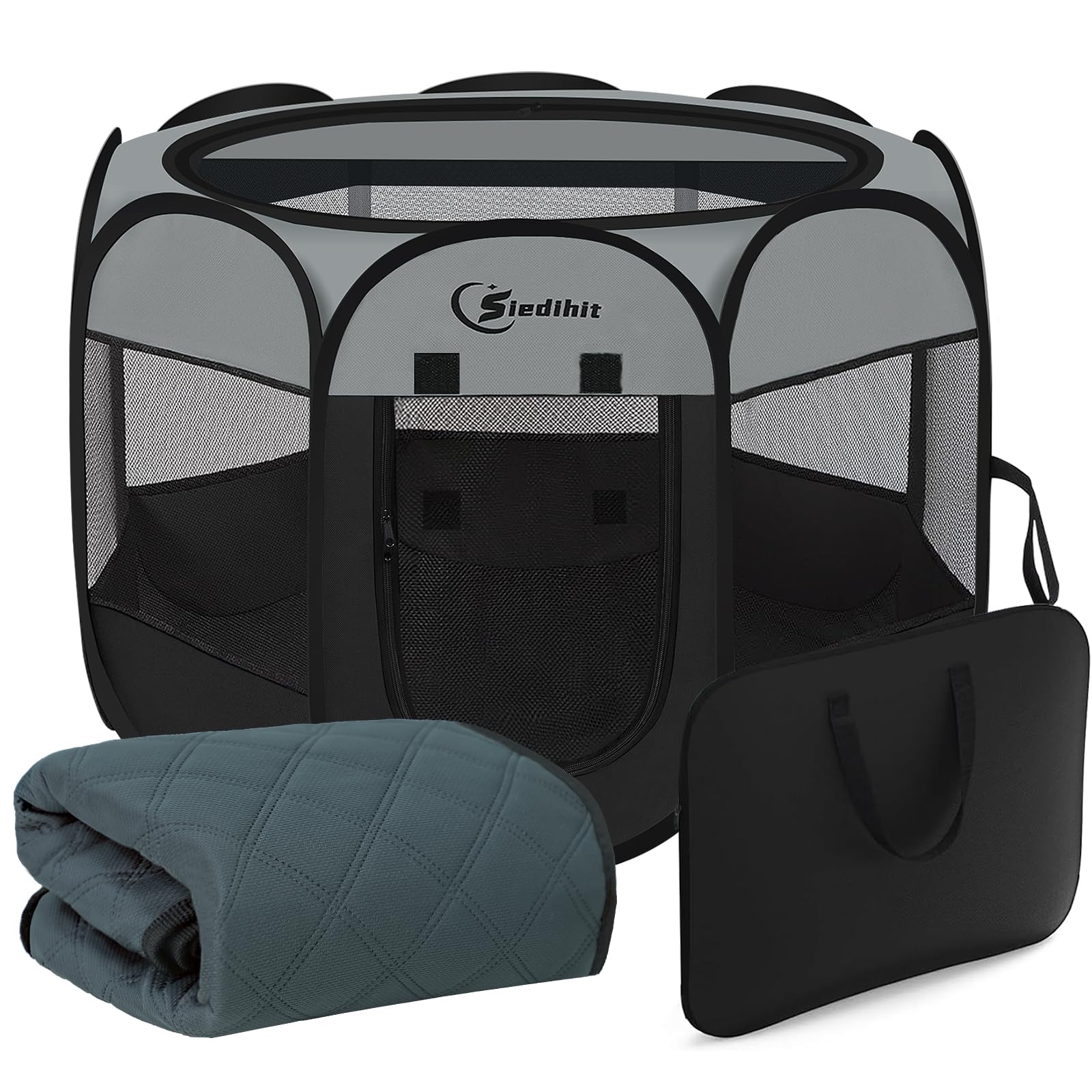 dog playpen with washable pee pad, puppy pet cat playpen for small dogs, dog tent crate indoor/outdoor, portable pop up kennel with carrying case for dogs/cats/rabbits(dark grey)