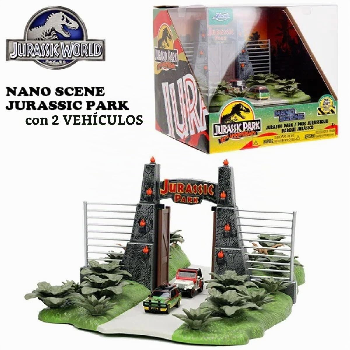 Jurassic Park 30th Anniversary Jurassic Gate Nano Scene Diorama w/ Two 1.65" Die-Cast Cars, Toys for Kids and Adults